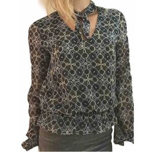 Highline Collective Olive Green Geometric Tie Neck Smocked Blouse XL